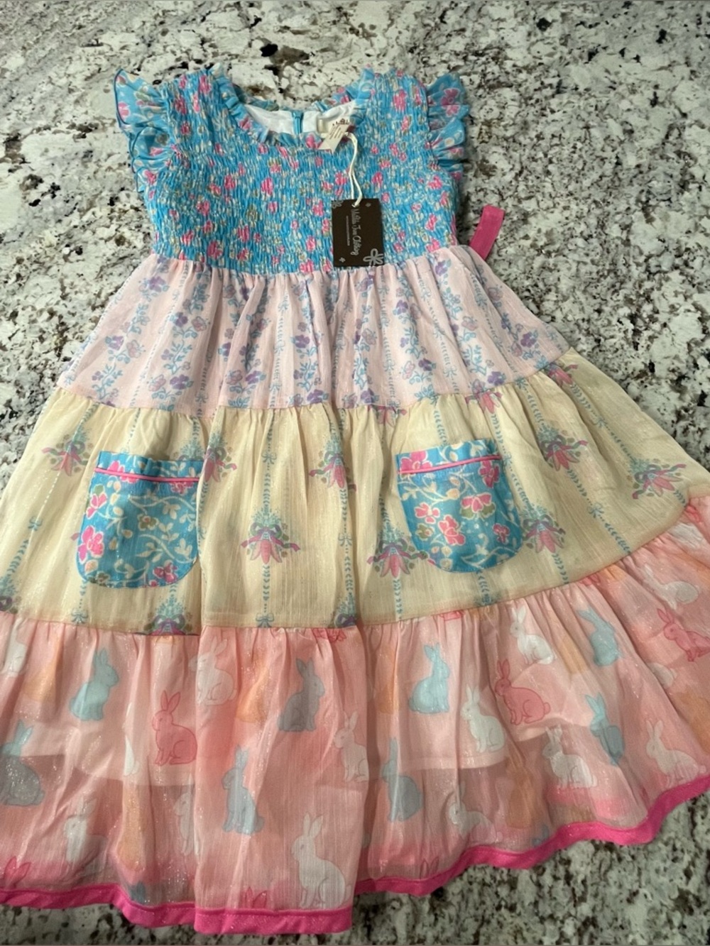 Matilda Jane Pastel Tiered Bunny & Floral Smocked Dress - Blue, Pink, Cream